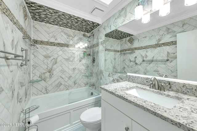 full bath with crown molding, visible vents, vanity, toilet, and enclosed tub / shower combo