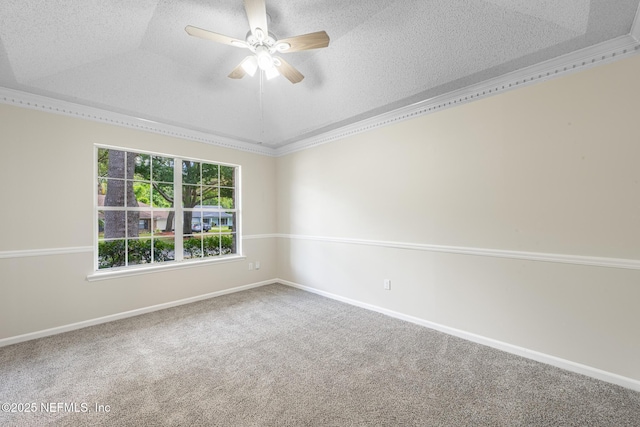 1218 Shallowford Dr E, Jacksonville, FL 32225 - empty room featuring a textured ceiling, carpet flooring, a ceiling fan, baseboards, and crown molding