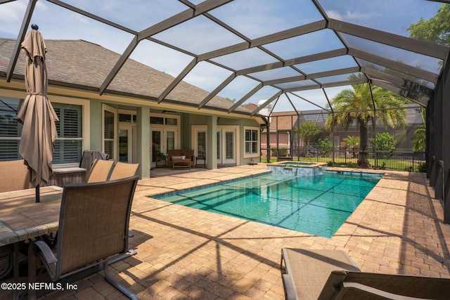 3771 Saltmeadow Ct S, Jacksonville, FL 32224 - view of swimming pool featuring a patio area, french doors, a pool with connected hot tub, and glass enclosure
