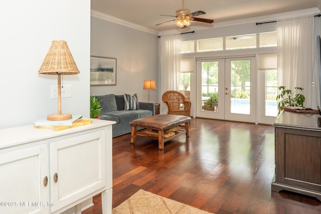 3771 Saltmeadow Ct S, Jacksonville, FL 32224 - living area featuring crown molding, french doors, a ceiling fan, and dark wood-style flooring