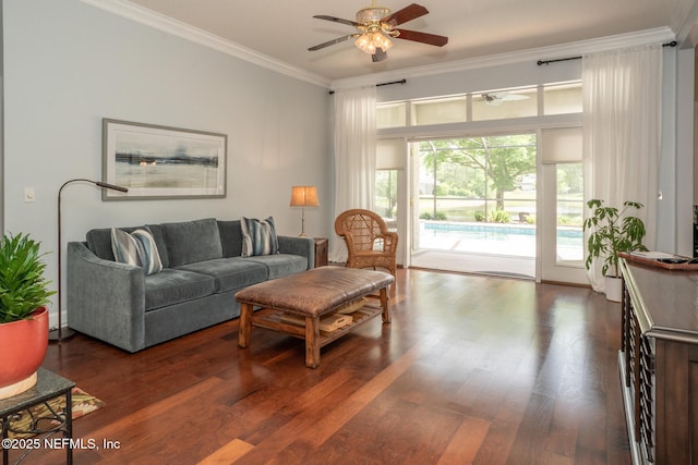 3771 Saltmeadow Ct S, Jacksonville, FL 32224 - living area featuring ceiling fan, ornamental molding, and wood finished floors