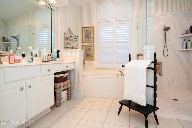 3771 Saltmeadow Ct S, Jacksonville, FL 32224 - full bath featuring vanity, tile patterned floors, a marble finish shower, and a bath