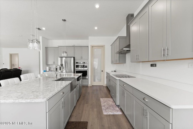 982 Oakland Hills Ave, Middleburg, FL 32068 - kitchen with wall chimney range hood, a sink, gray cabinets, stainless steel appliances, and dark wood-style floors