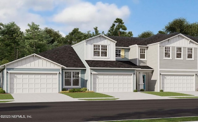 multi unit property with concrete driveway, a garage, and board and batten siding