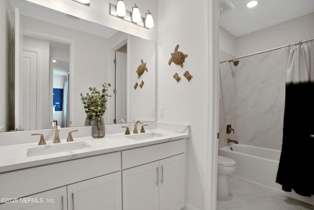 bathroom with toilet, double vanity, a sink, and shower / tub combo with curtain