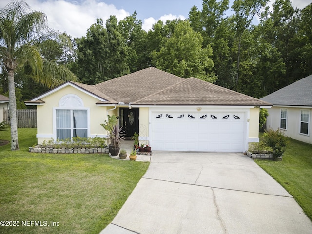 1558 Roseberry Ct, Fleming Island, FL 32003 - ranch-style home featuring concrete driveway, roof with shingles, stucco siding, a front lawn, and a garage