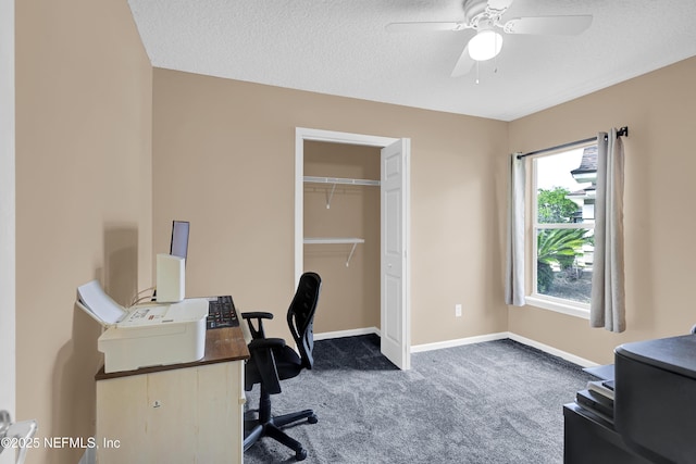 1558 Roseberry Ct, Fleming Island, FL 32003 - office space with a textured ceiling, a ceiling fan, baseboards, and carpet floors