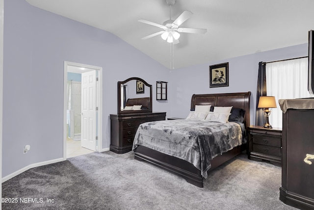 1558 Roseberry Ct, Fleming Island, FL 32003 - carpeted bedroom featuring baseboards, a ceiling fan, ensuite bath, and vaulted ceiling