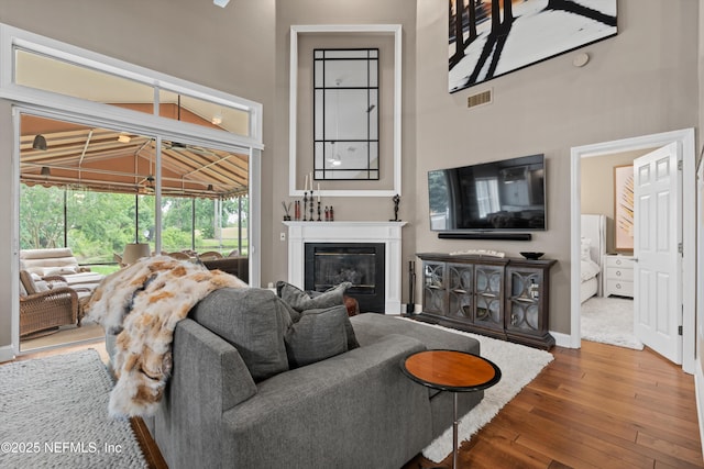 1576 Linkside Dr, Fleming Island, FL 32003 - living room with hardwood / wood-style flooring, a high ceiling, and a glass covered fireplace