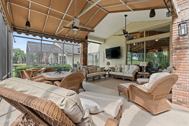 1576 Linkside Dr, Fleming Island, FL 32003 - sunroom / solarium with a ceiling fan, an outdoor hangout area, lofted ceiling, and plenty of natural light