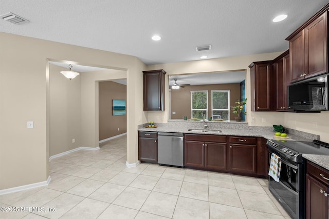 133 San Briso Way, Saint Augustine, FL 32092 - kitchen featuring black appliances, ceiling fan, light tile patterned floors, recessed lighting, and light stone countertops