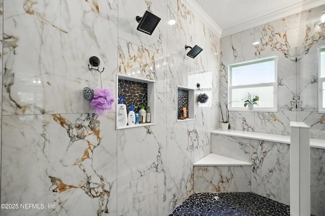 full bathroom featuring a marble finish shower and ornamental molding