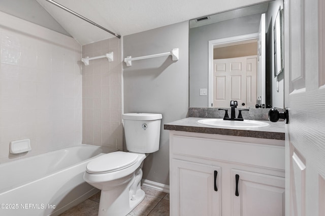 bathroom with visible vents, tile patterned flooring, vanity, toilet, and bathing tub / shower combination