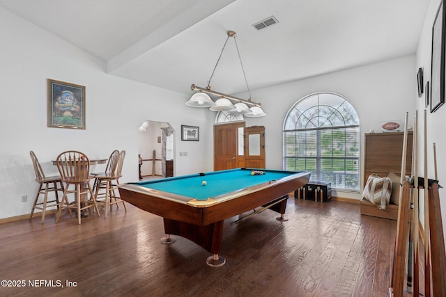 playroom featuring wood finished floors, visible vents, pool table, baseboards, and lofted ceiling