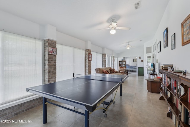 playroom featuring visible vents, ceiling fan, and tile patterned flooring