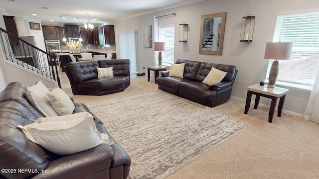 15717 Basil Creek Ct, Jacksonville, FL 32218 - living area featuring light carpet, stairway, baseboards, ornamental molding, and recessed lighting