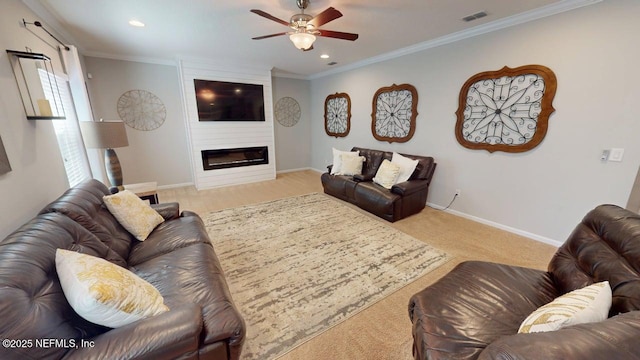 15717 Basil Creek Ct, Jacksonville, FL 32218 - carpeted living area featuring ceiling fan, a large fireplace, crown molding, recessed lighting, and baseboards