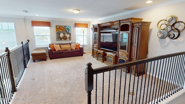 15717 Basil Creek Ct, Jacksonville, FL 32218 - carpeted living room with ornamental molding and recessed lighting