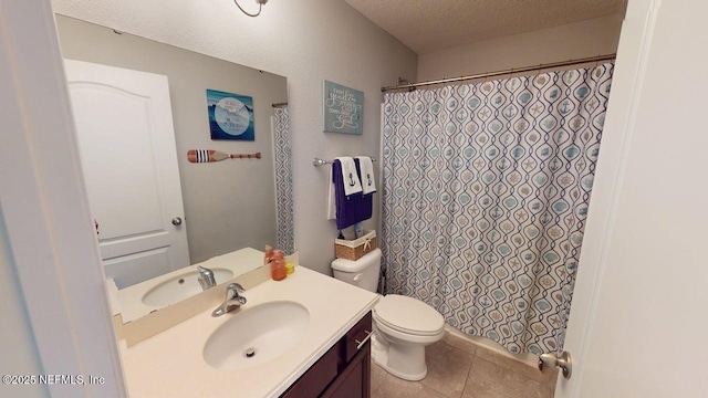 15717 Basil Creek Ct, Jacksonville, FL 32218 - full bathroom featuring vanity, toilet, tile patterned floors, a textured ceiling, and a shower with curtain