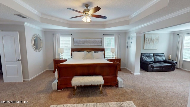 15717 Basil Creek Ct, Jacksonville, FL 32218 - bedroom featuring a raised ceiling, carpet floors, ornamental molding, a ceiling fan, and baseboards