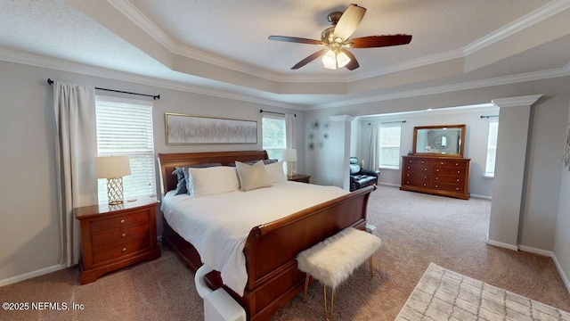 15717 Basil Creek Ct, Jacksonville, FL 32218 - bedroom featuring a raised ceiling, light carpet, crown molding, and a ceiling fan