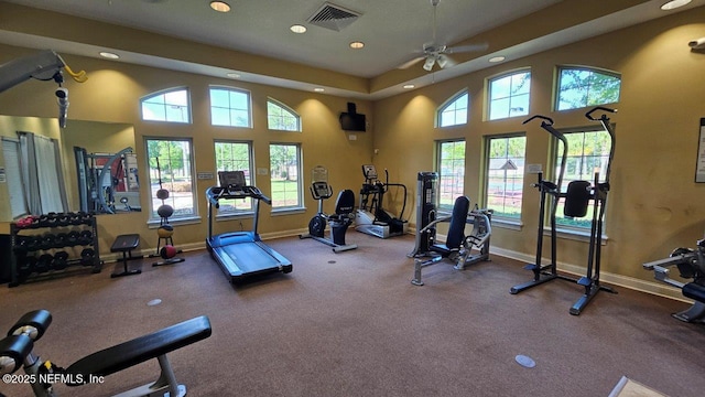 15717 Basil Creek Ct, Jacksonville, FL 32218 - workout area featuring recessed lighting, baseboards, ceiling fan, a towering ceiling, and carpet floors