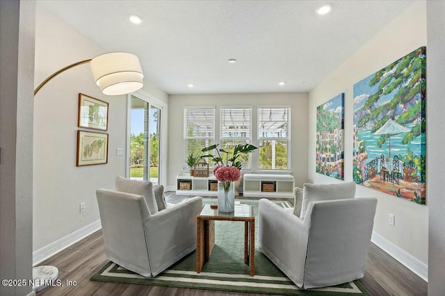living area featuring wood finished floors, recessed lighting, and baseboards
