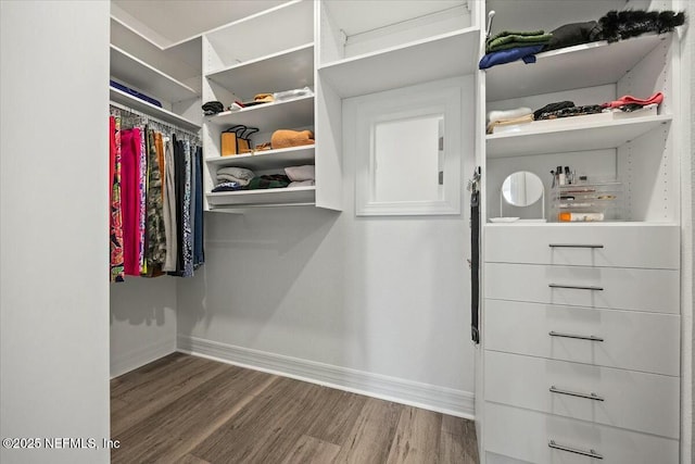 walk in closet with wood finished floors