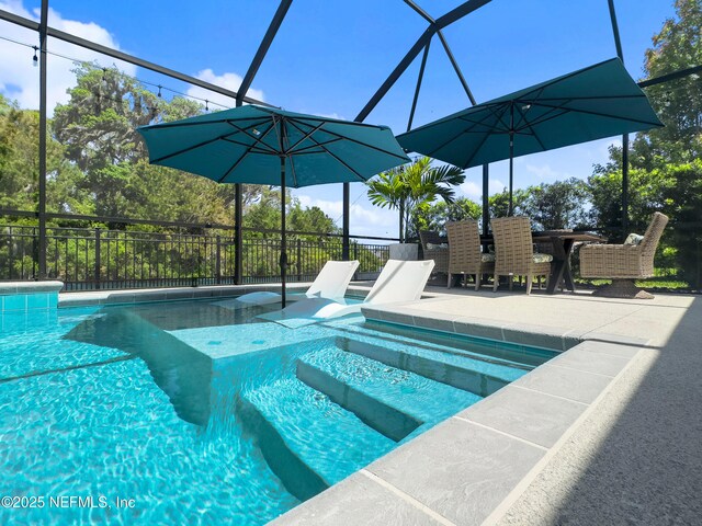 31 Tesoro Ter, Saint Augustine, FL 32095 - view of swimming pool with fence, a fenced in pool, a patio area, glass enclosure, and a hot tub
