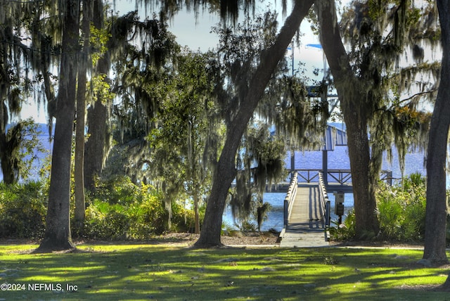 dock area featuring a lawn and a water view