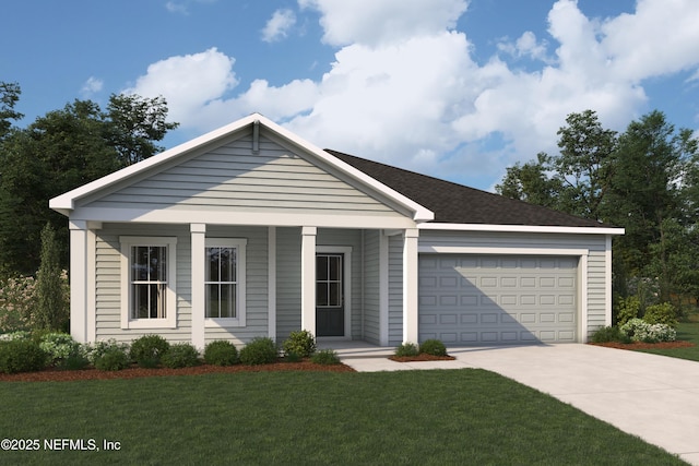 single story home featuring a front yard, concrete driveway, a garage, and a porch