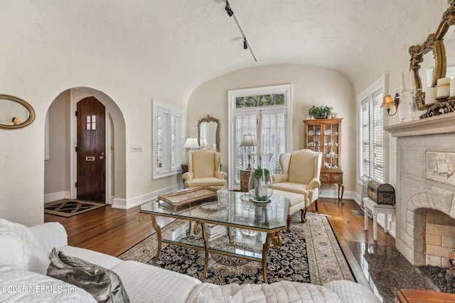 living area featuring baseboards, arched walkways, a wealth of natural light, and a fireplace