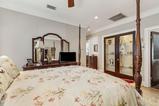 bedroom featuring crown molding, recessed lighting, wood finished floors, and visible vents