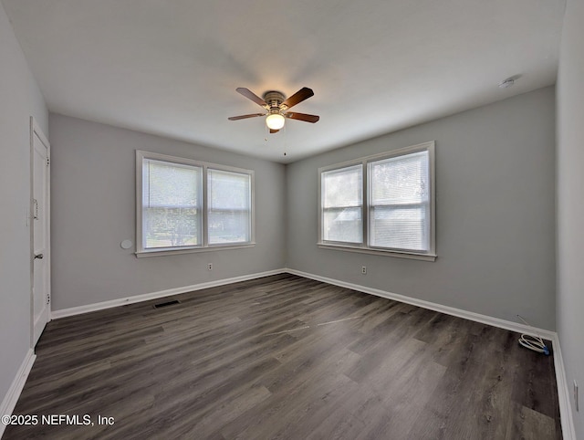 2636 Post St, Jacksonville, FL 32204 - unfurnished room featuring a ceiling fan, visible vents, baseboards, and dark wood-type flooring
