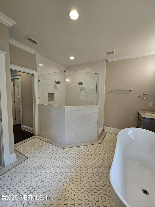 full bathroom featuring crown molding, a walk in shower, visible vents, and recessed lighting