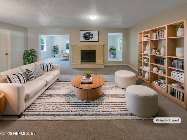 carpeted living area featuring baseboards