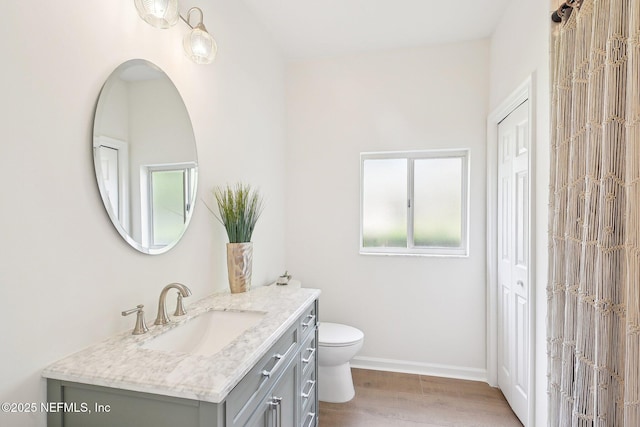bathroom with vanity, wood finished floors, healthy amount of natural light, and toilet