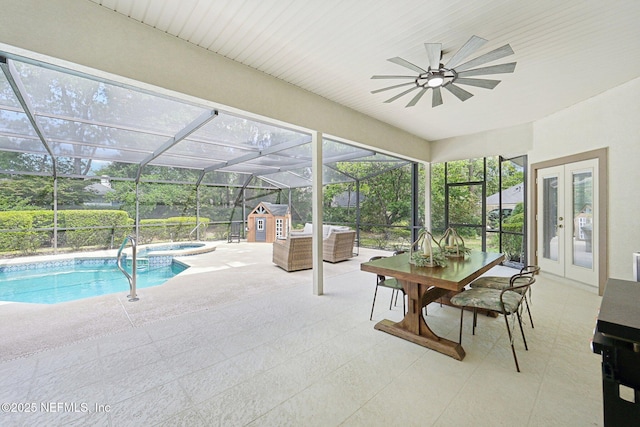 sunroom / solarium with a pool, french doors, a hot tub, and ceiling fan