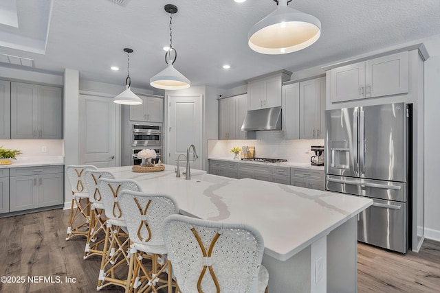 290 Marquesa Cir, Saint Johns, FL 32259 - kitchen featuring backsplash, a sink, gray cabinetry, under cabinet range hood, and stainless steel appliances