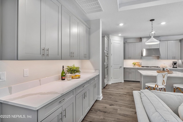 290 Marquesa Cir, Saint Johns, FL 32259 - kitchen featuring gray cabinets, visible vents, appliances with stainless steel finishes, wood finished floors, and under cabinet range hood