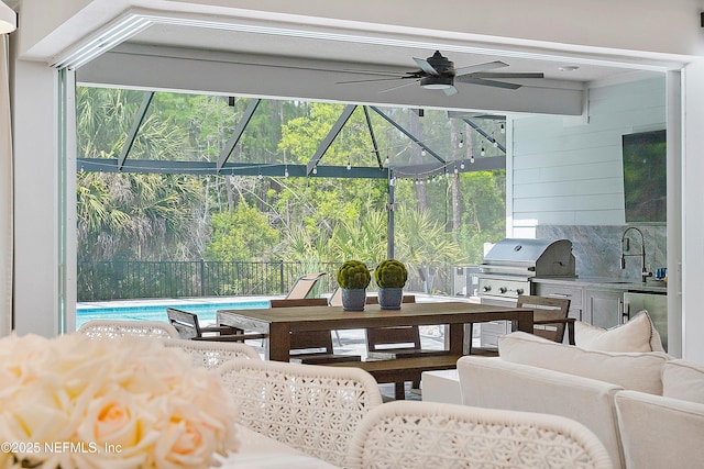 290 Marquesa Cir, Saint Johns, FL 32259 - view of patio / terrace with an outdoor kitchen, ceiling fan, outdoor dining area, a sink, and a grill