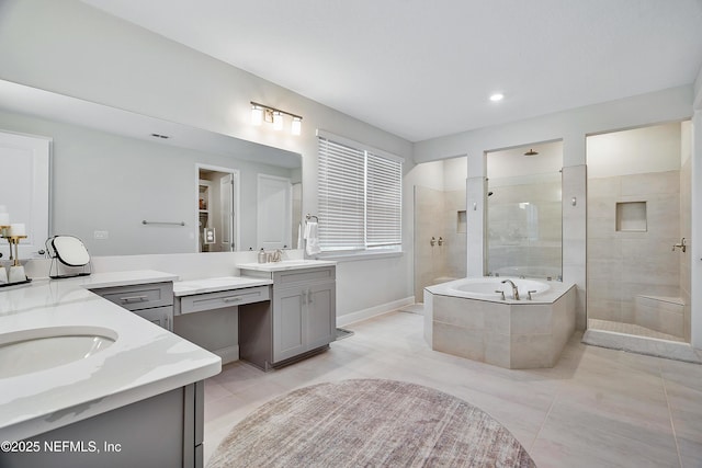 290 Marquesa Cir, Saint Johns, FL 32259 - full bathroom with walk in shower, two vanities, a sink, and tile patterned flooring