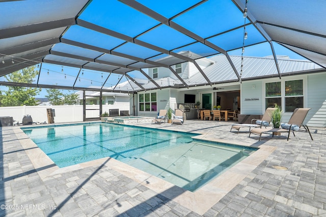 290 Marquesa Cir, Saint Johns, FL 32259 - view of pool with a ceiling fan, a patio, a pool with connected hot tub, and glass enclosure