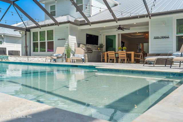 290 Marquesa Cir, Saint Johns, FL 32259 - pool with outdoor dry bar, ceiling fan, grilling area, a patio, and glass enclosure