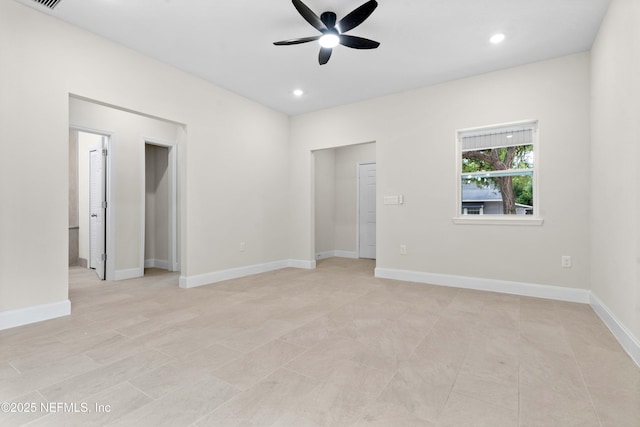 unfurnished room with baseboards, recessed lighting, visible vents, and ceiling fan