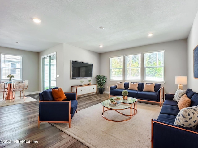 living room with wood finished floors, recessed lighting, and baseboards