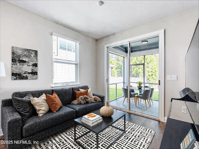 living area with dark wood-type flooring and baseboards