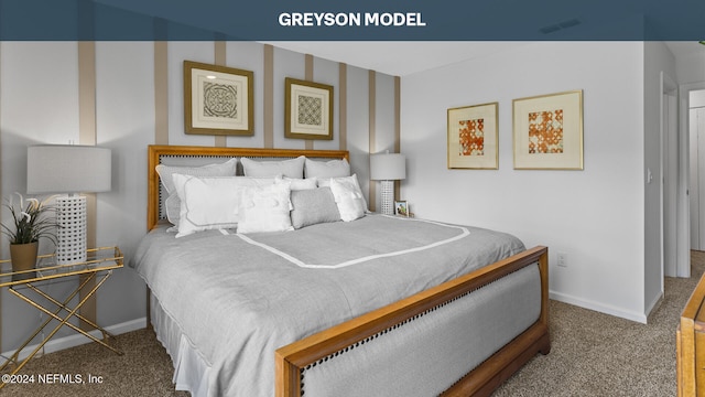 bedroom with visible vents, carpet floors, and baseboards