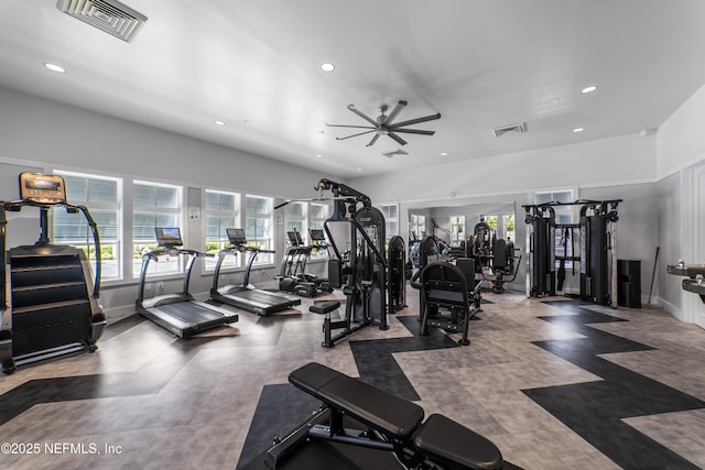 gym featuring recessed lighting, ceiling fan, and baseboards