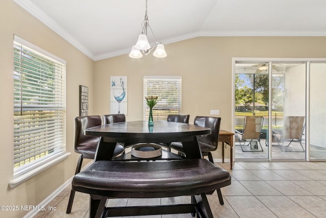 417 Palazzo Cir, Saint Augustine, FL 32092 - dining space featuring crown molding, plenty of natural light, light tile patterned flooring, and lofted ceiling